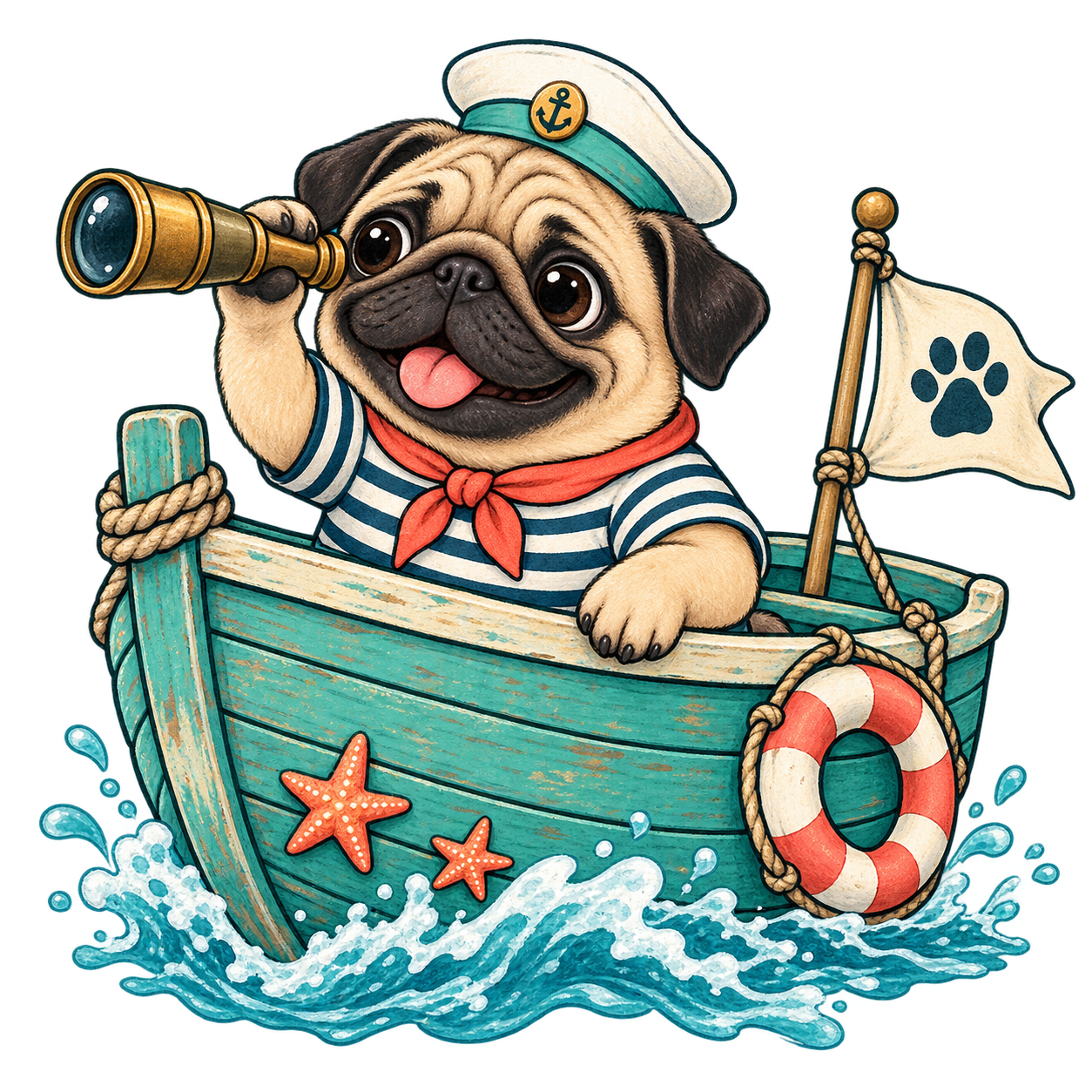 SEAPUG, a cheerful sailor pug, sailing a turquoise boat with his trusty spyglass.